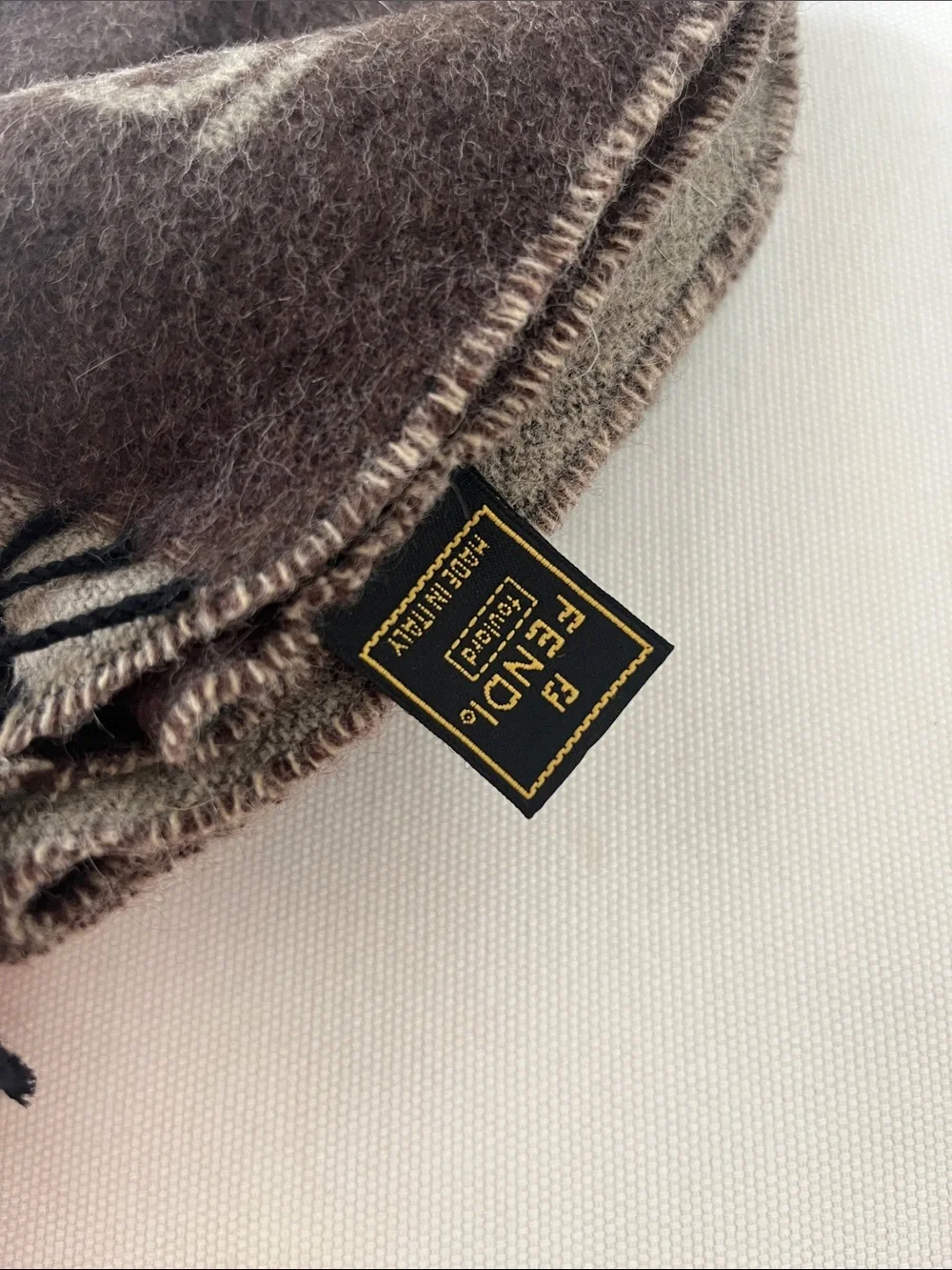 Fendi Brown and Cream Logo Fringe Wool Scarf